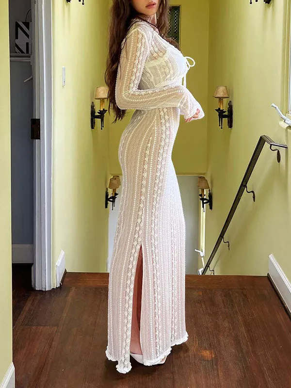 2Pcs Lace V Neck Split Long Dress