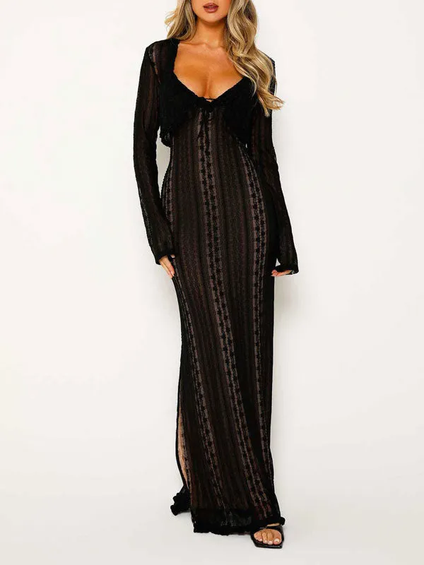 2Pcs Lace V Neck Split Long Dress