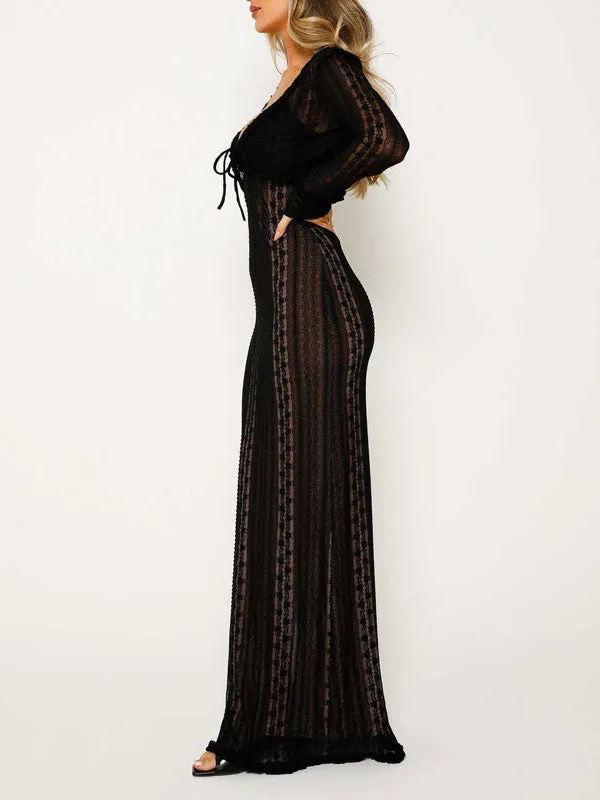 2Pcs Lace V Neck Split Long Dress