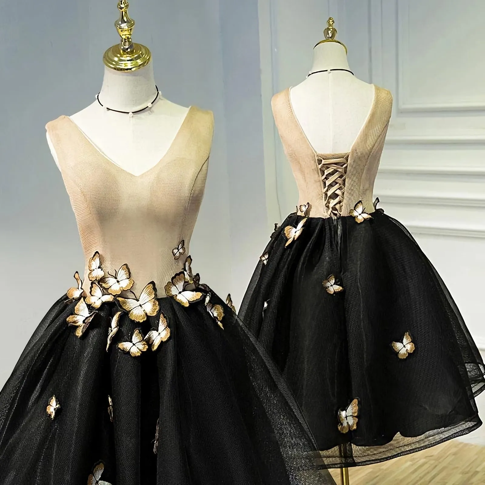 A Line Black V Neck Lace Up Homecoming Dresses Sleeveless Prom Dress With Butterfly