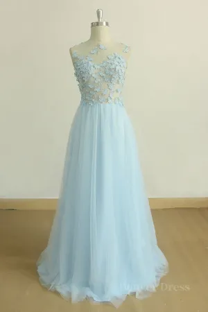 A Line Round Neck Baby Blue Lace Long Prom Dress with Butterfly Baby Blue Lace Formal Graduation Evening Dress