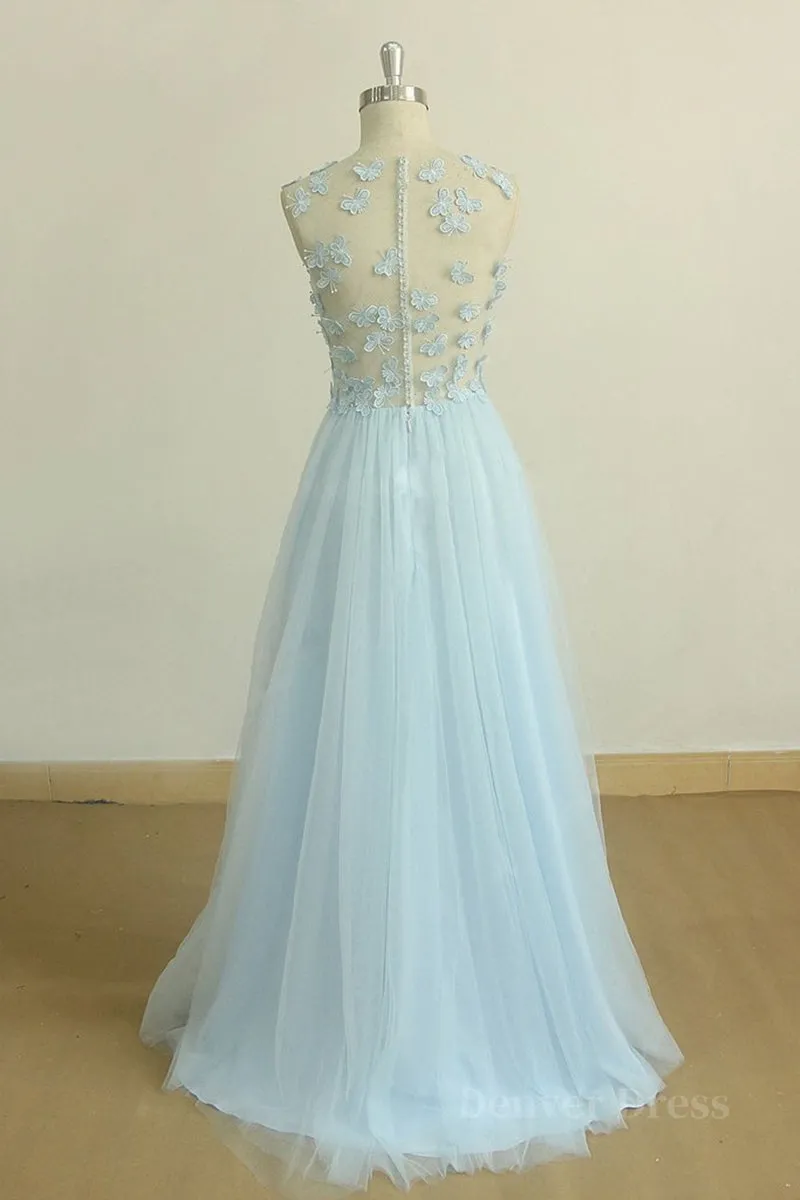 A Line Round Neck Baby Blue Lace Long Prom Dress with Butterfly Baby Blue Lace Formal Graduation Evening Dress