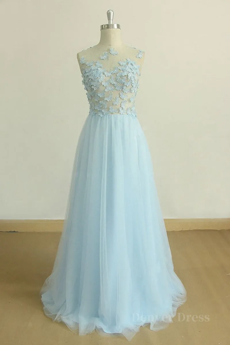 A Line Round Neck Baby Blue Lace Long Prom Dress with Butterfly Baby Blue Lace Formal Graduation Evening Dress