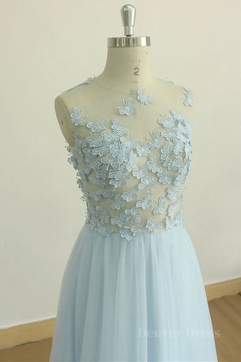 A Line Round Neck Baby Blue Lace Long Prom Dress with Butterfly Baby Blue Lace Formal Graduation Evening Dress