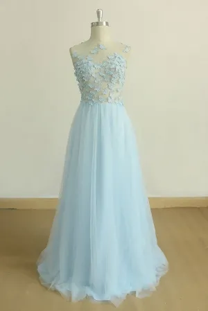 A Line Round Neck Baby Blue Lace Long Prom Dress With Butterfly