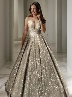 A-Line V-neck Floor-Length Sequins Prom Dresses With Ruffles