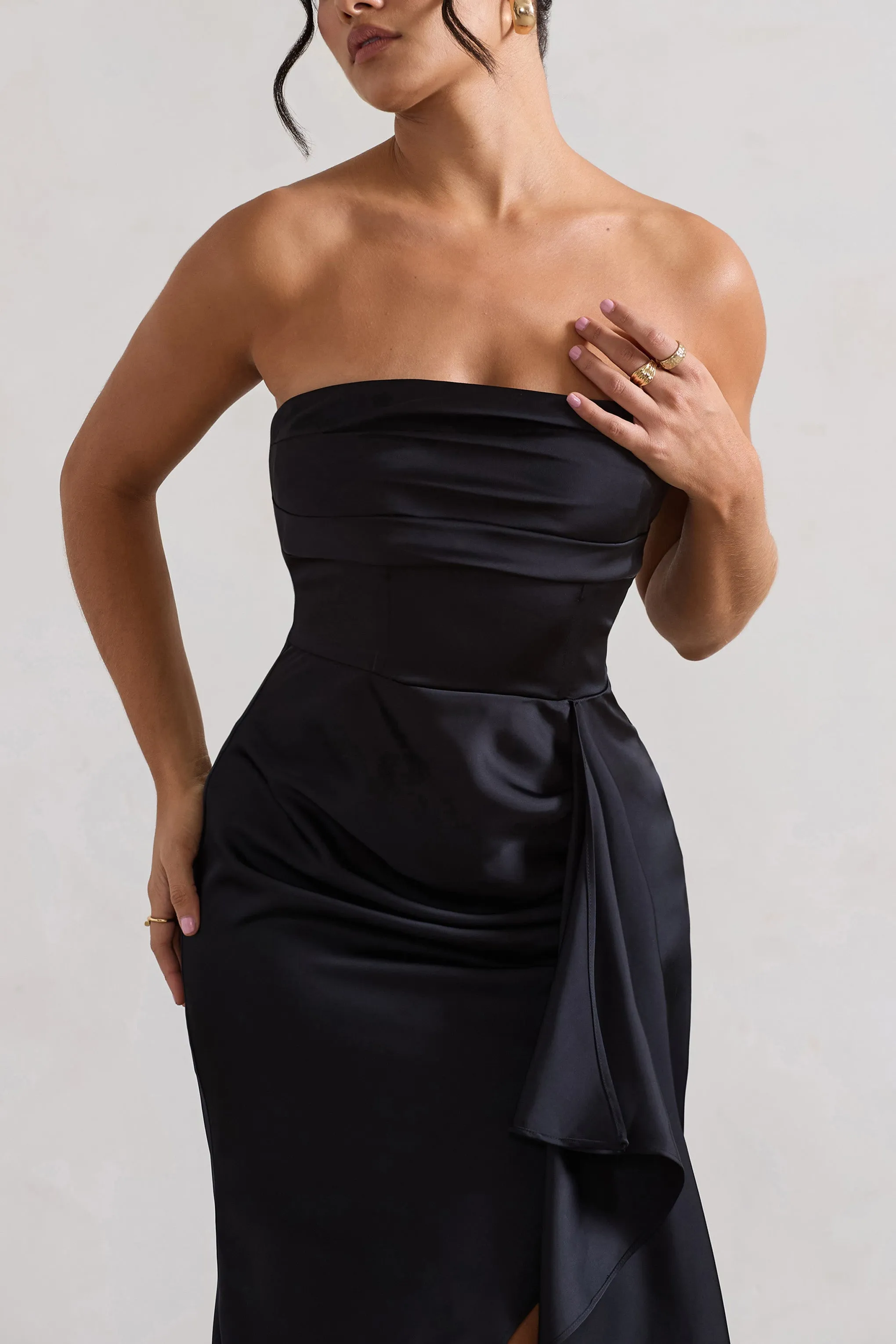 Ace | Black Satin Bandeau Split Maxi Dress With Ruffle Drape