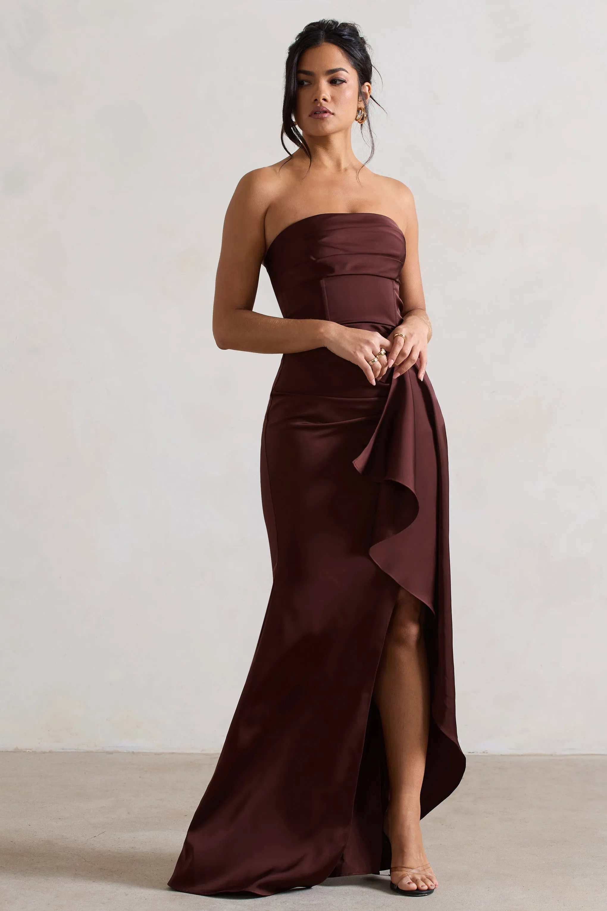 Ace | Chocolate Brown Satin Bandeau Split Maxi Dress With Ruffle Drape