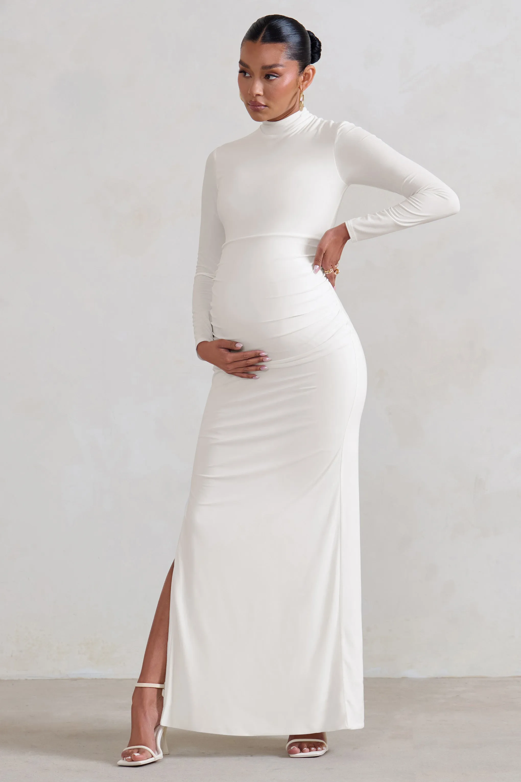 Alejandra | White Maternity Long Sleeve High Neck Maxi Dress