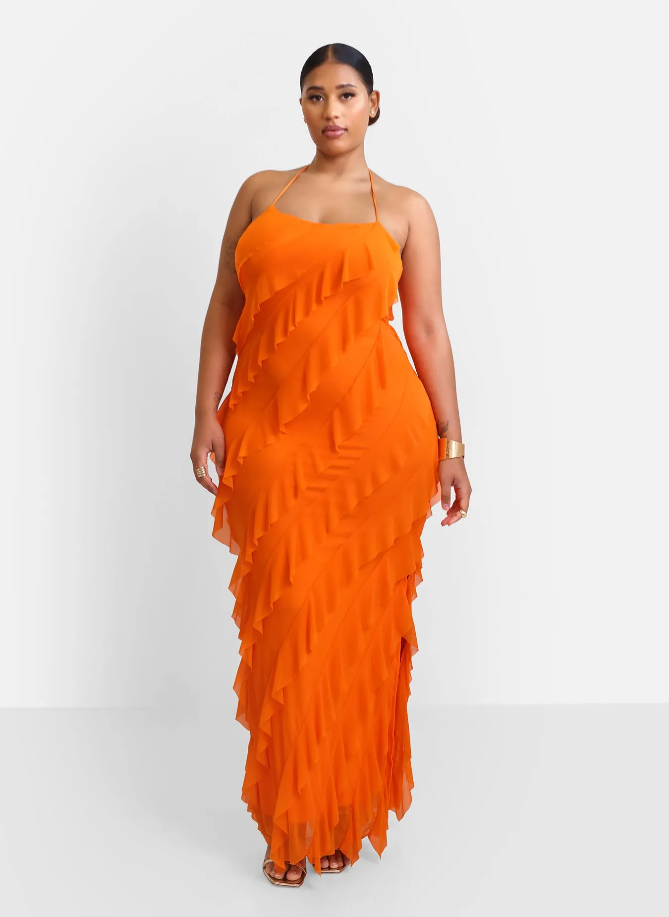 Alessia Mesh Ruffle Maxi Bodycon Dress