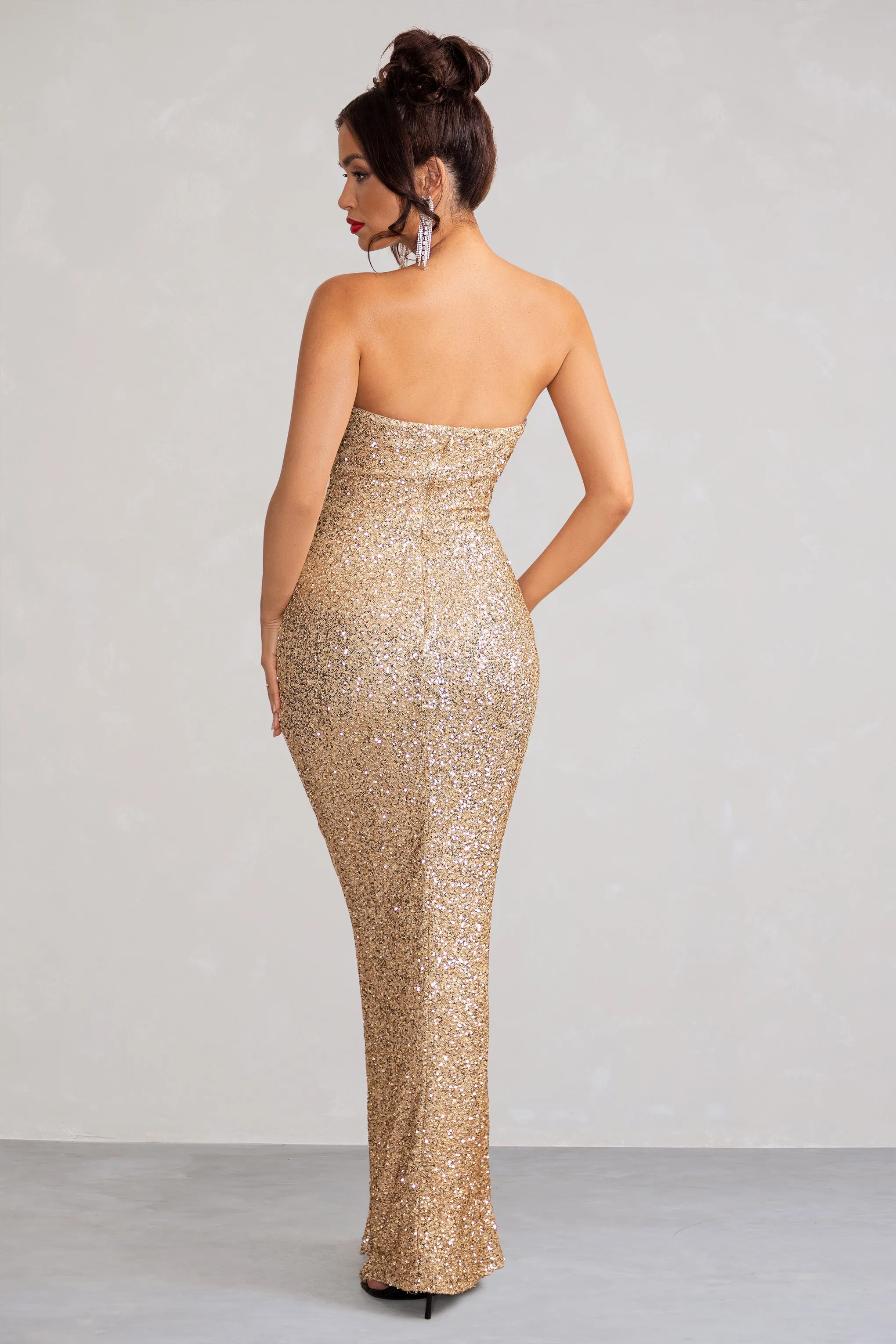 Almira | Champagne Sequin Bandeau Maxi Dress With Split Hem