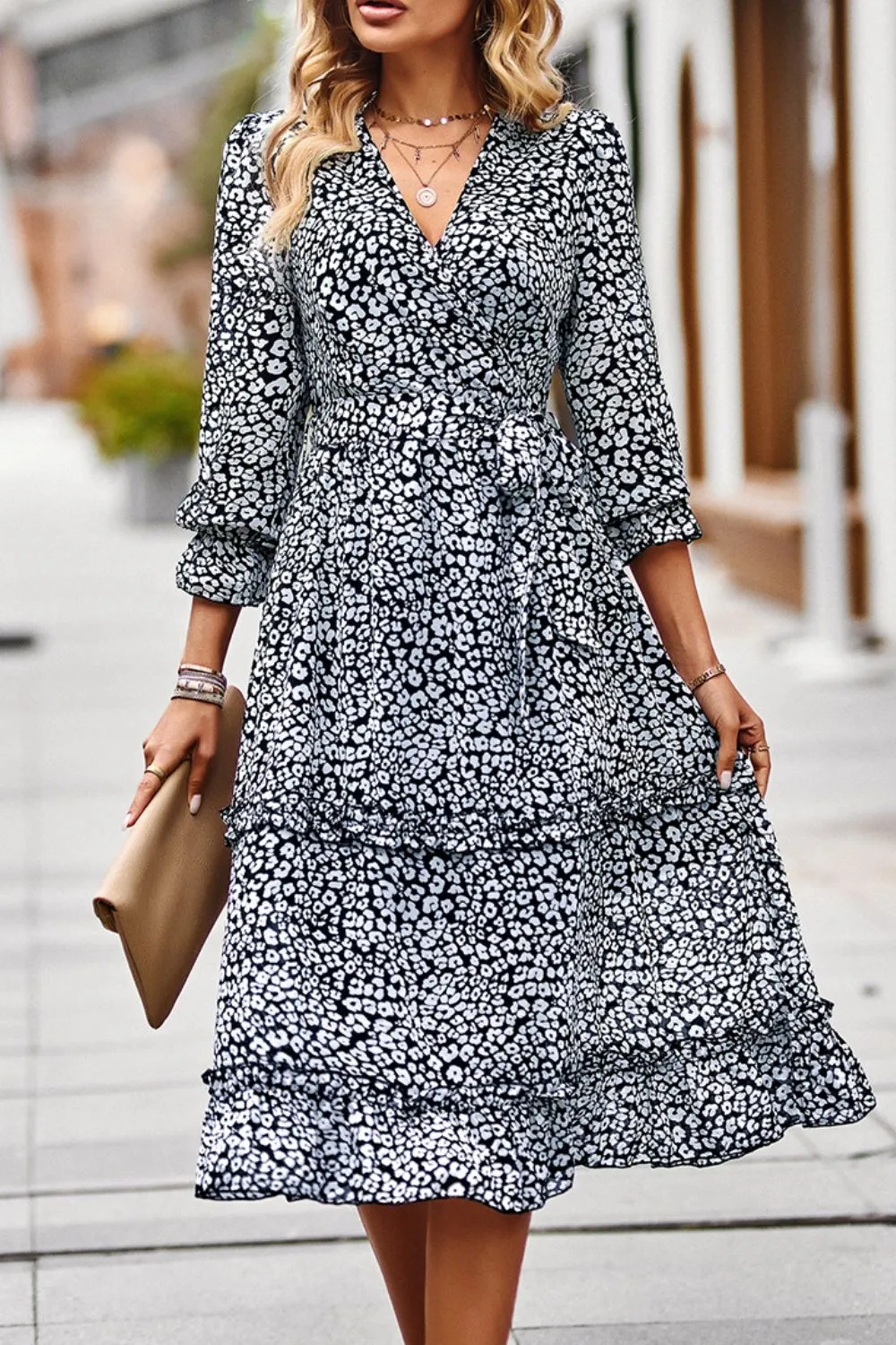 Animal Leopard Surplice Tie Belt Slit Dress