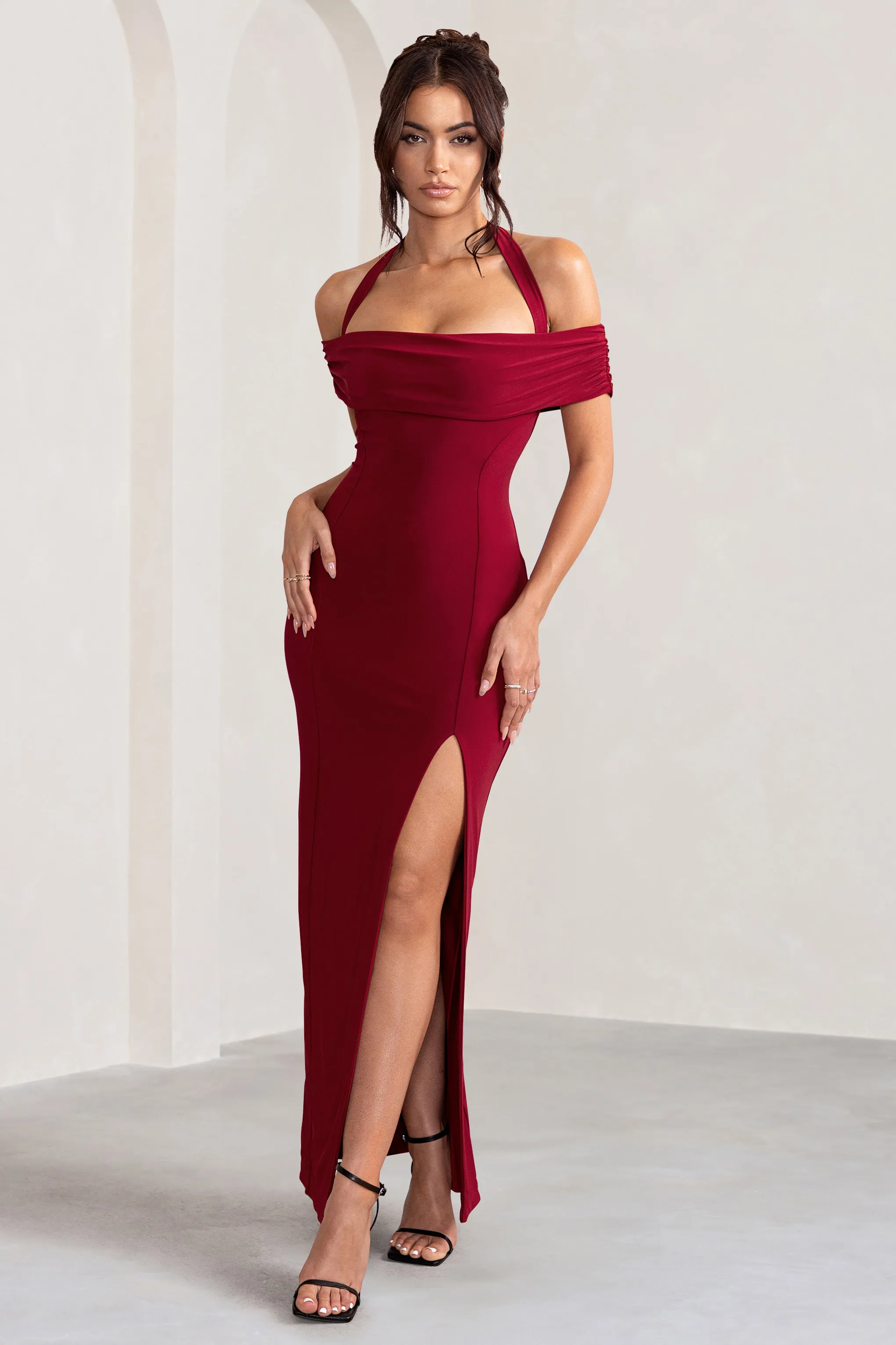 Anisa | Burgundy Halter Neck Bardot Maxi Dress With Thigh Split