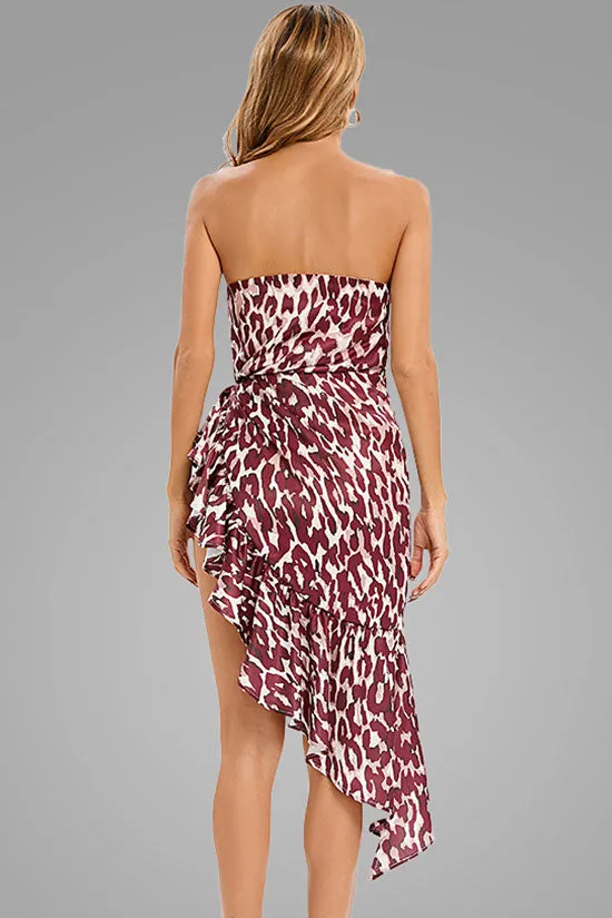 Asymmetrical Ruffle Satin Sweetheart Strapless Party Dress - Leopard