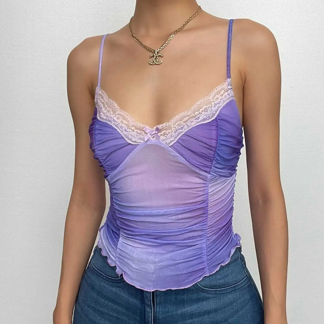 Backless lace hem ruched v neck mesh tie dye cami top