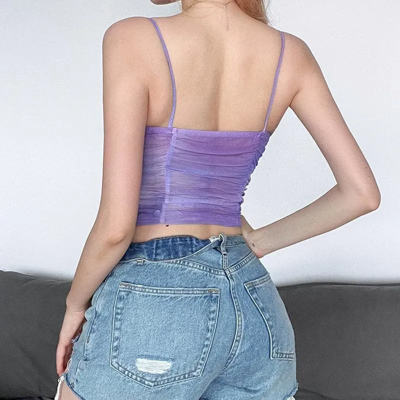 Backless lace hem ruched v neck mesh tie dye cami top