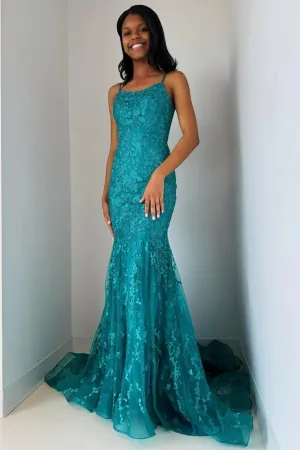 Backless Mermaid Turquoise Lace Long Prom Dress, Mermaid Turquoise Formal Evening Dress, Turquoise Lace Party Dress A2140