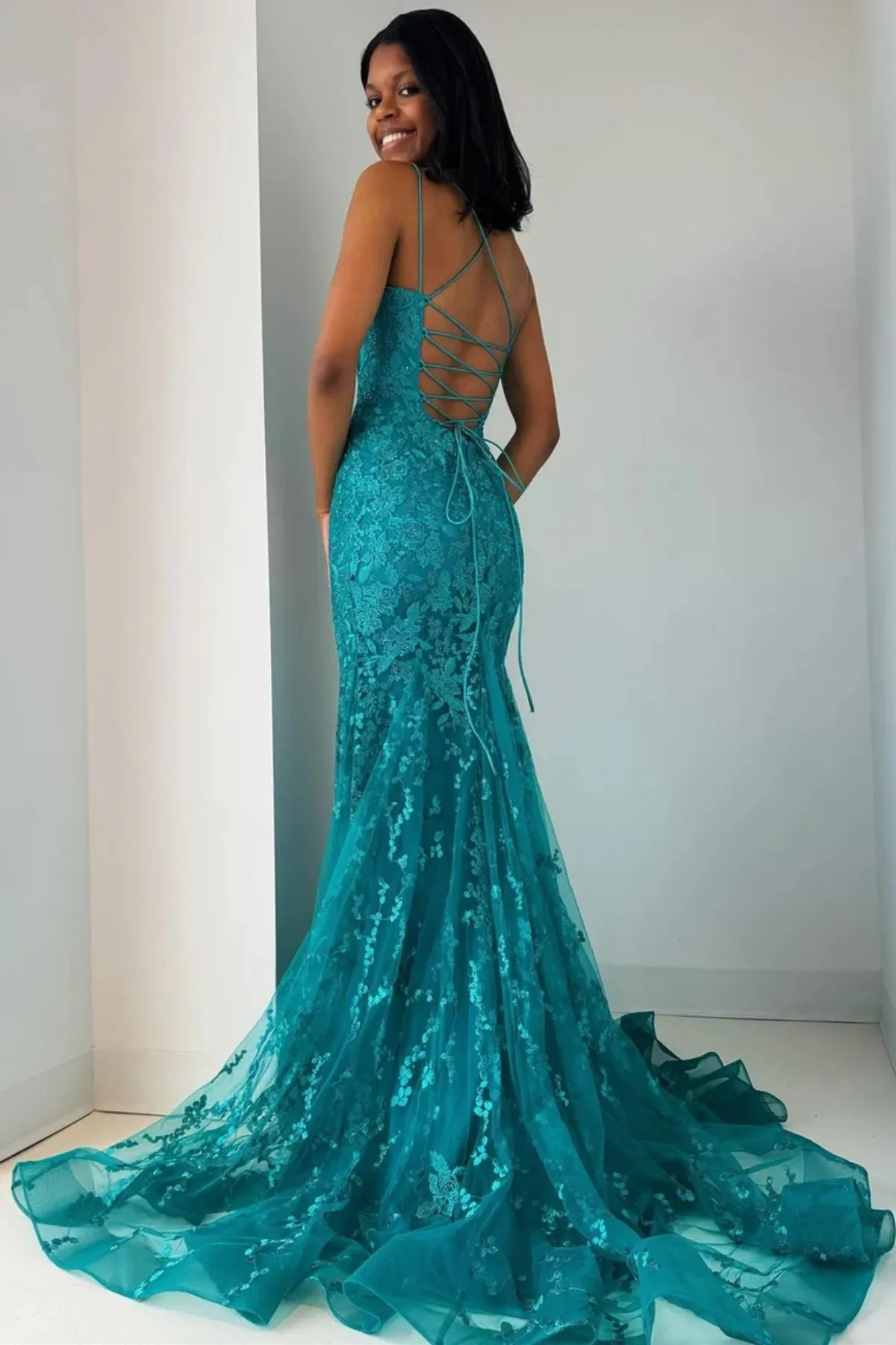 Backless Mermaid Turquoise Lace Long Prom Dress, Mermaid Turquoise Formal Evening Dress, Turquoise Lace Party Dress A2140