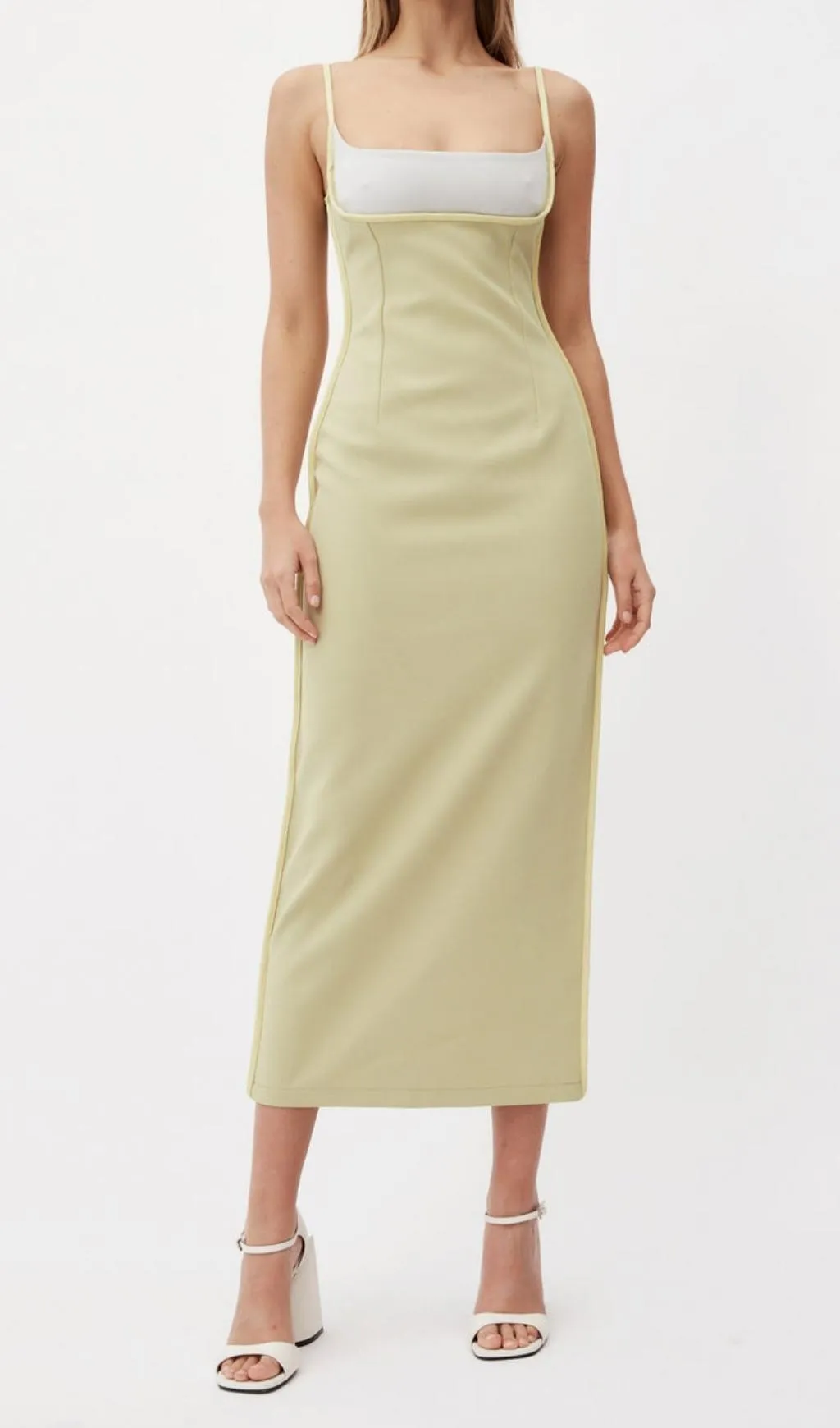 BANDAGE BACKLESS MIDI DRESS IN BUFF