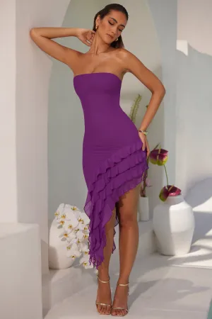 Bandeau Ruffle Asymmetric Hem Midi Dress in Purple