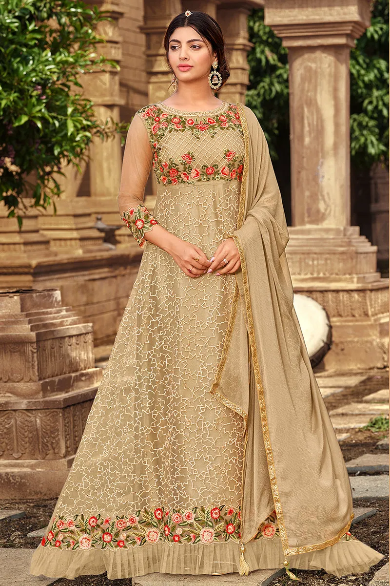 Beige Heavy Butterfly Net Beautiful Anarkali Suit