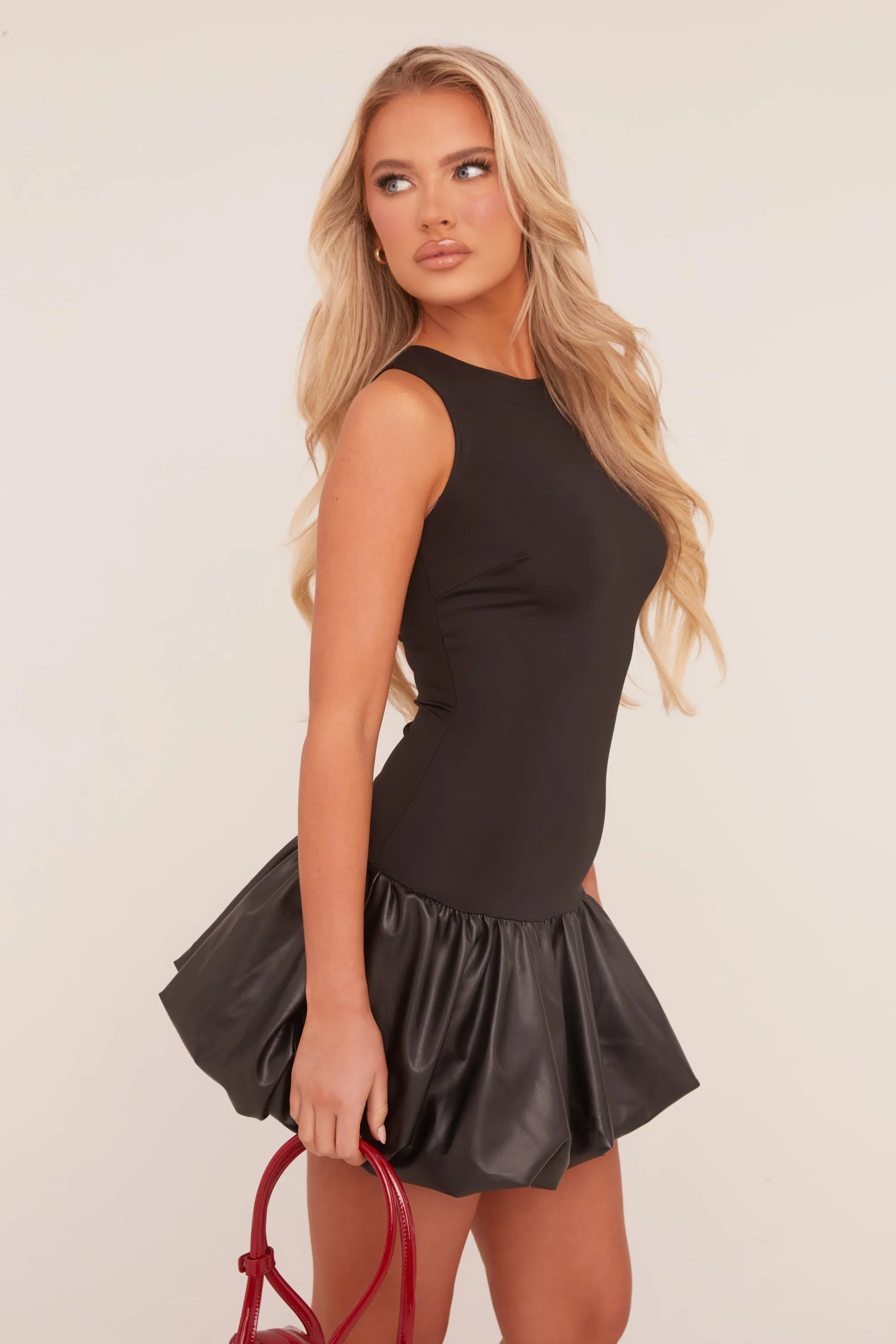 Black Faux Leather Puffball Hem Mini Dress - Myla