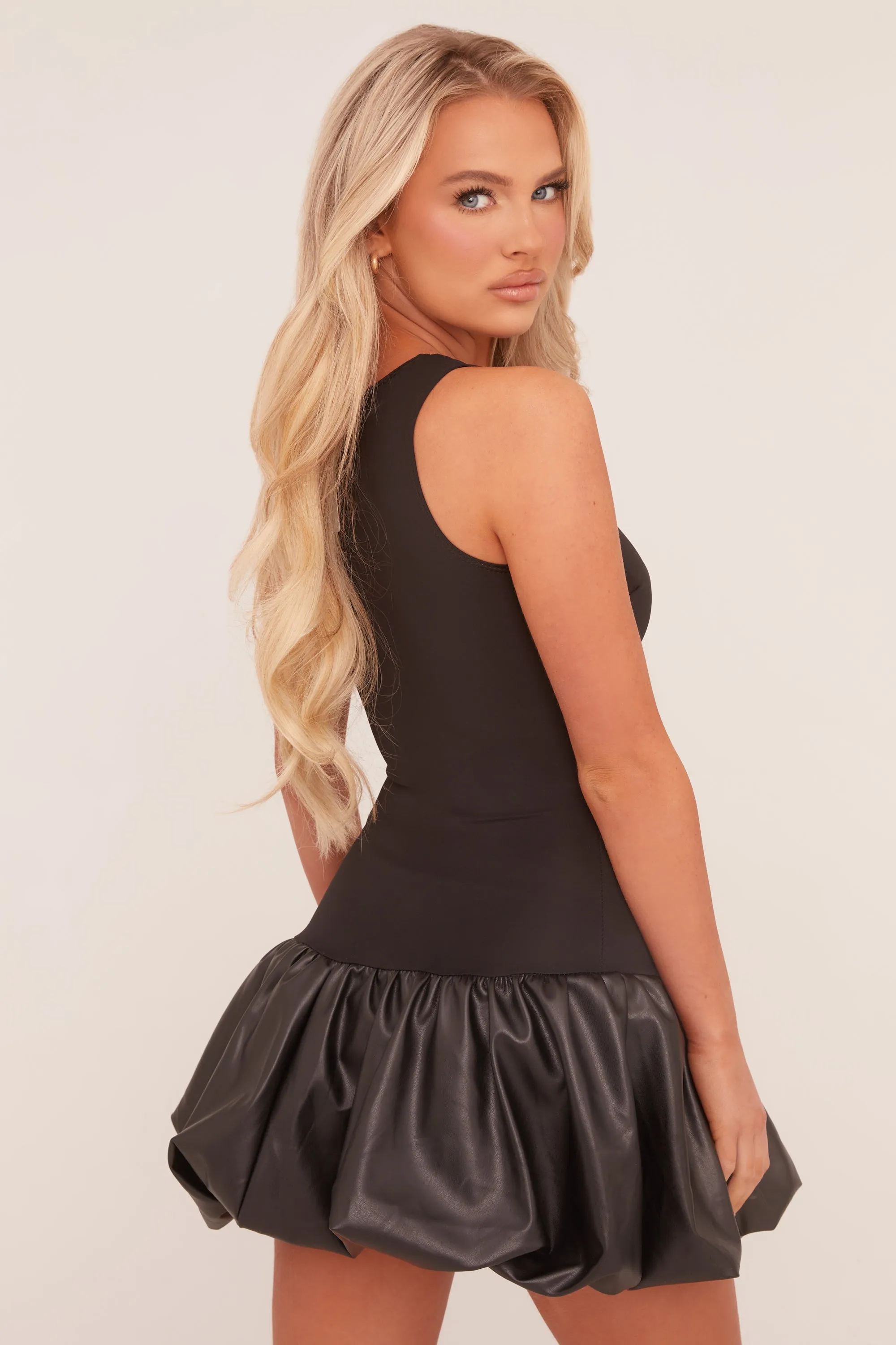 Black Faux Leather Puffball Hem Mini Dress - Myla