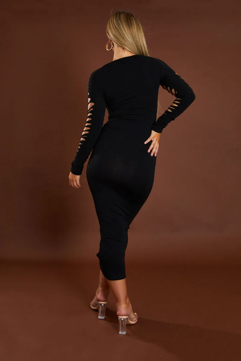 Black Knot Detail Long Sleeve Midi Dress - Aviva