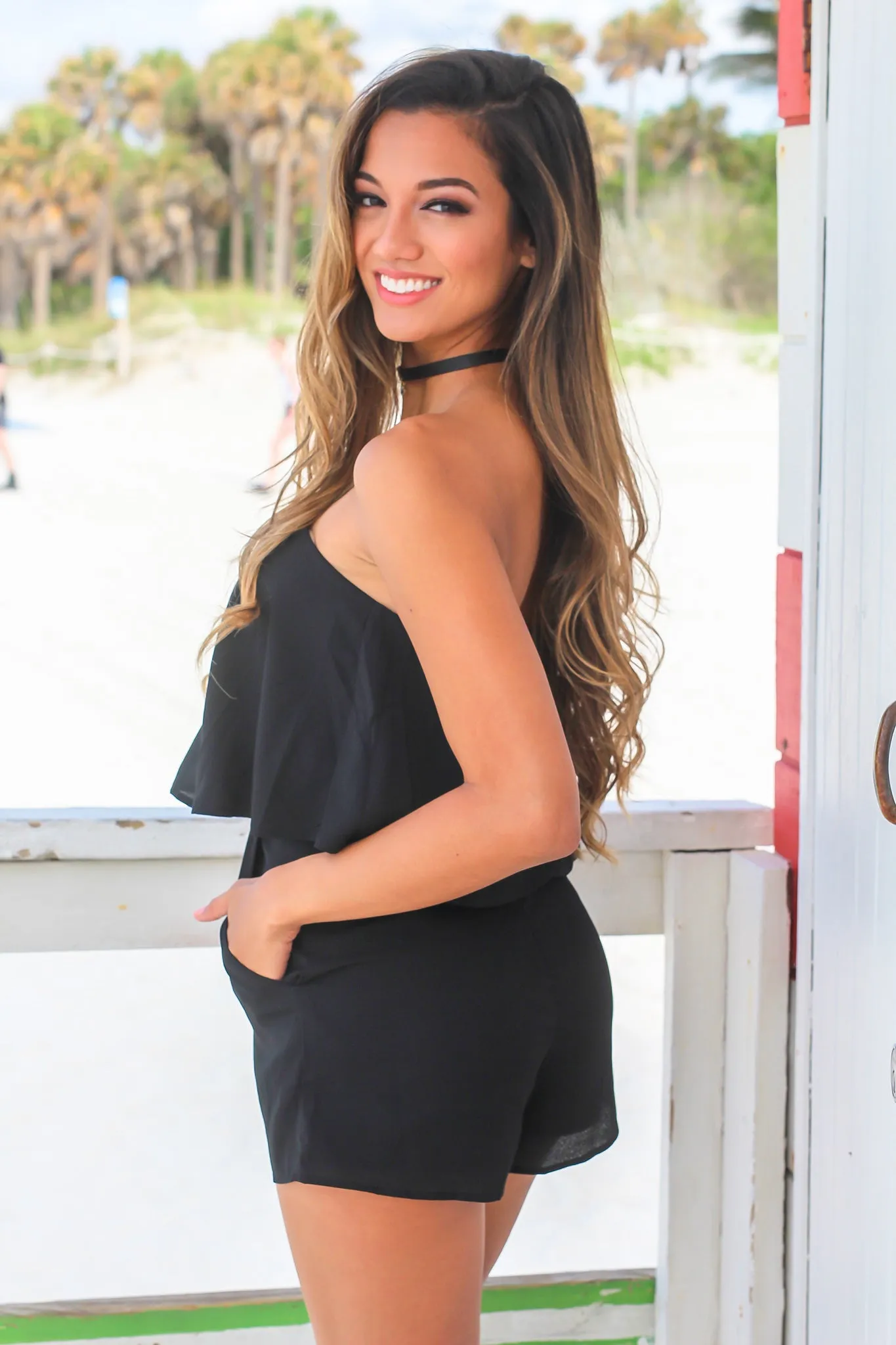 Black Tube Top Romper with Ruffle