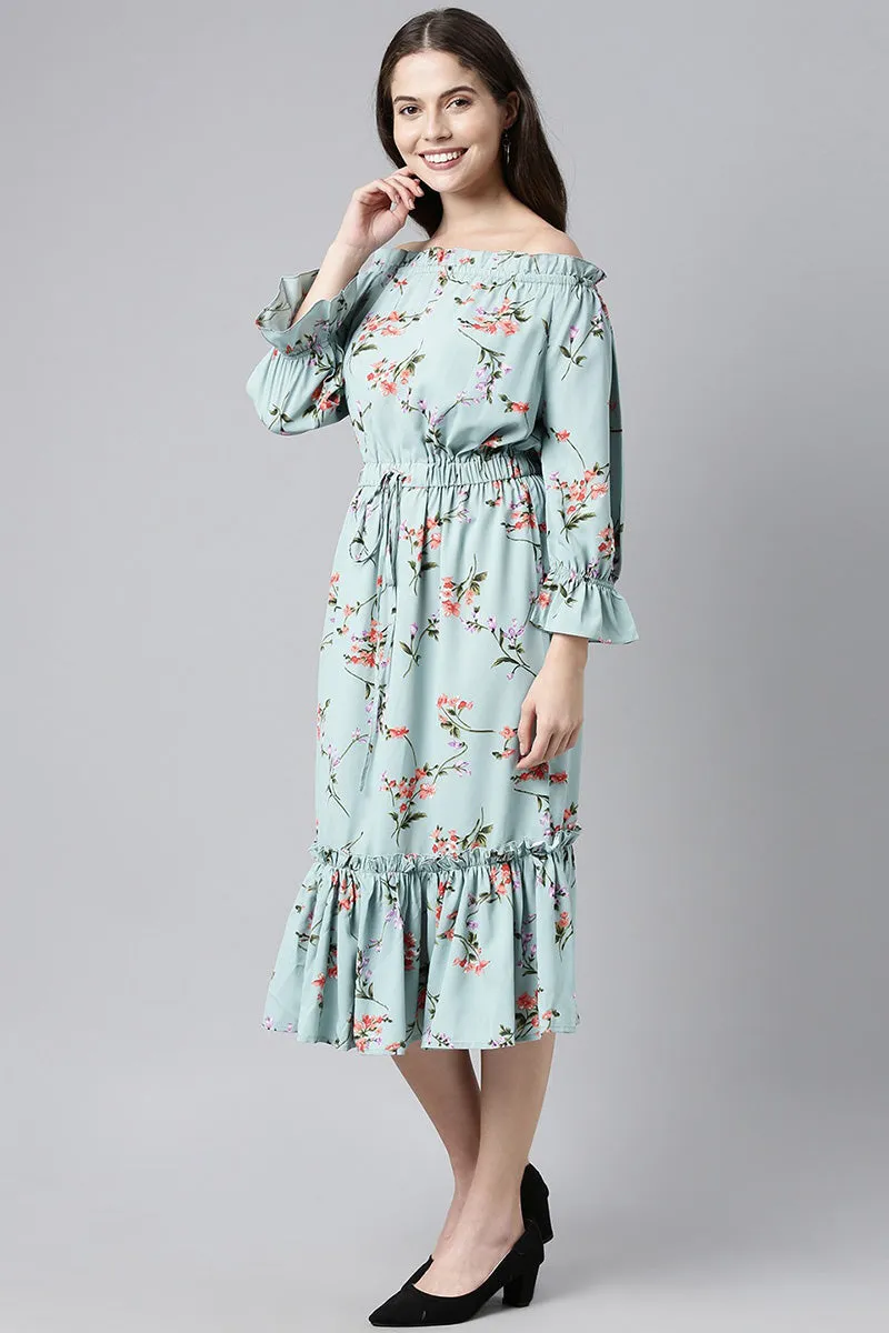 Blue Crepe Floral Print Off-Shoulder Midi Dress