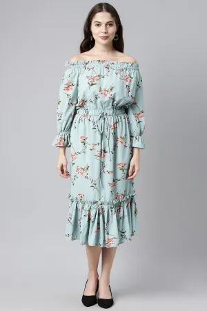 Blue Crepe Floral Print Off-Shoulder Midi Dress