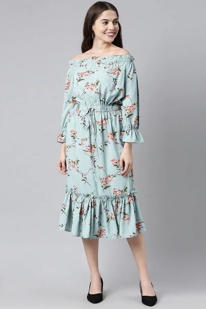 Blue Crepe Floral Print Off-Shoulder Midi Dress