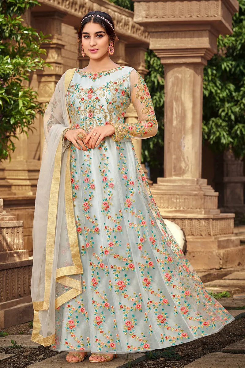 Bluish Grey Heavy Butterfly Net Beautiful Anarkali Suit