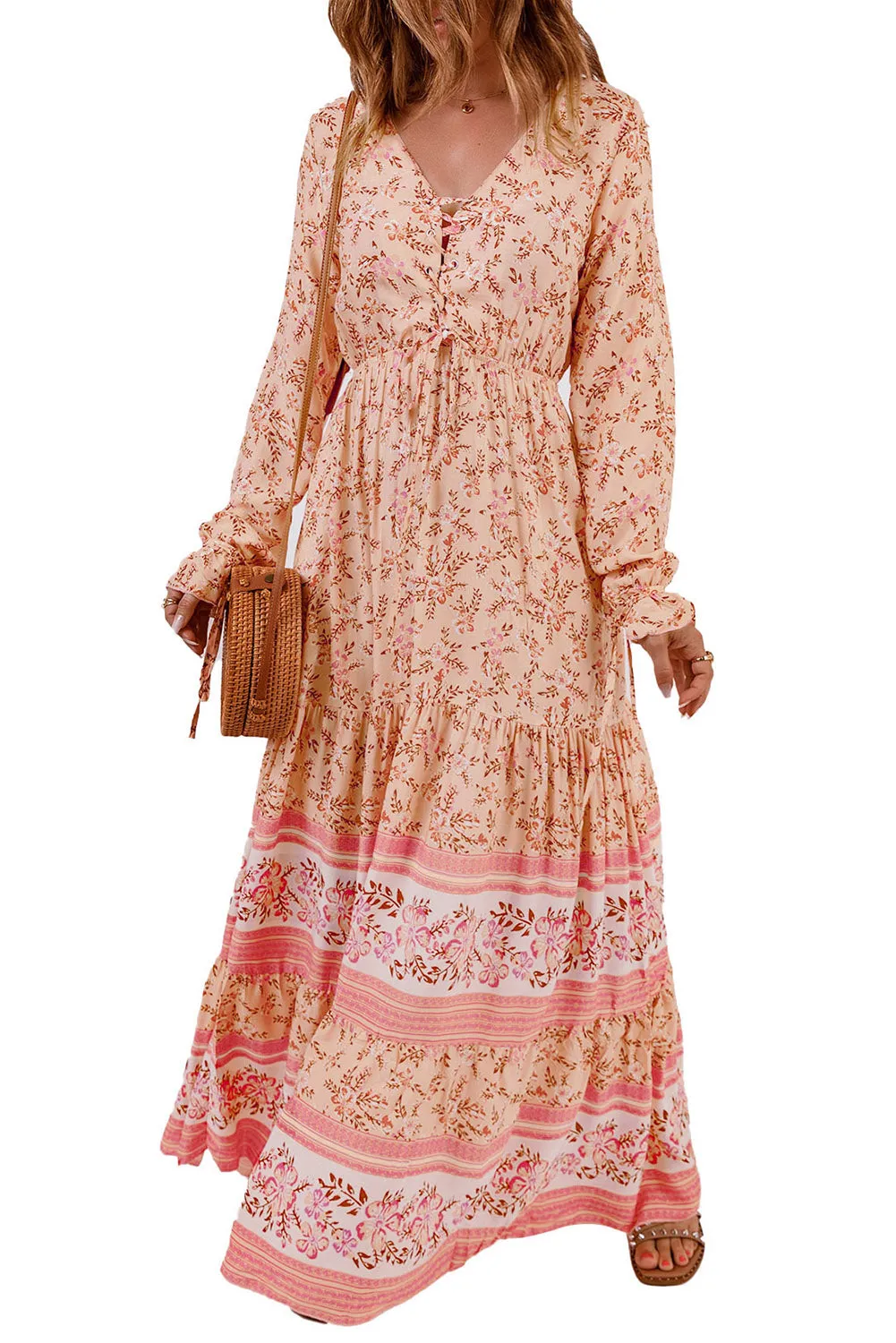 Bohemian Lace-Up Long Sleeve Maxi Dress