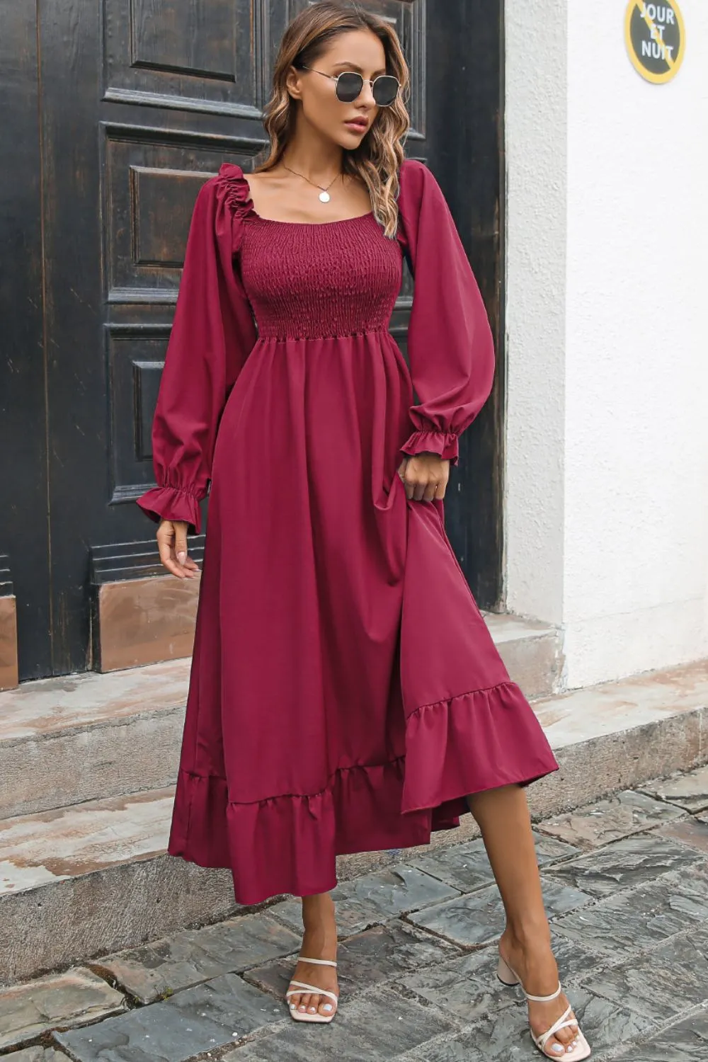 Bohemian Smocked Ruffle Hem Dress