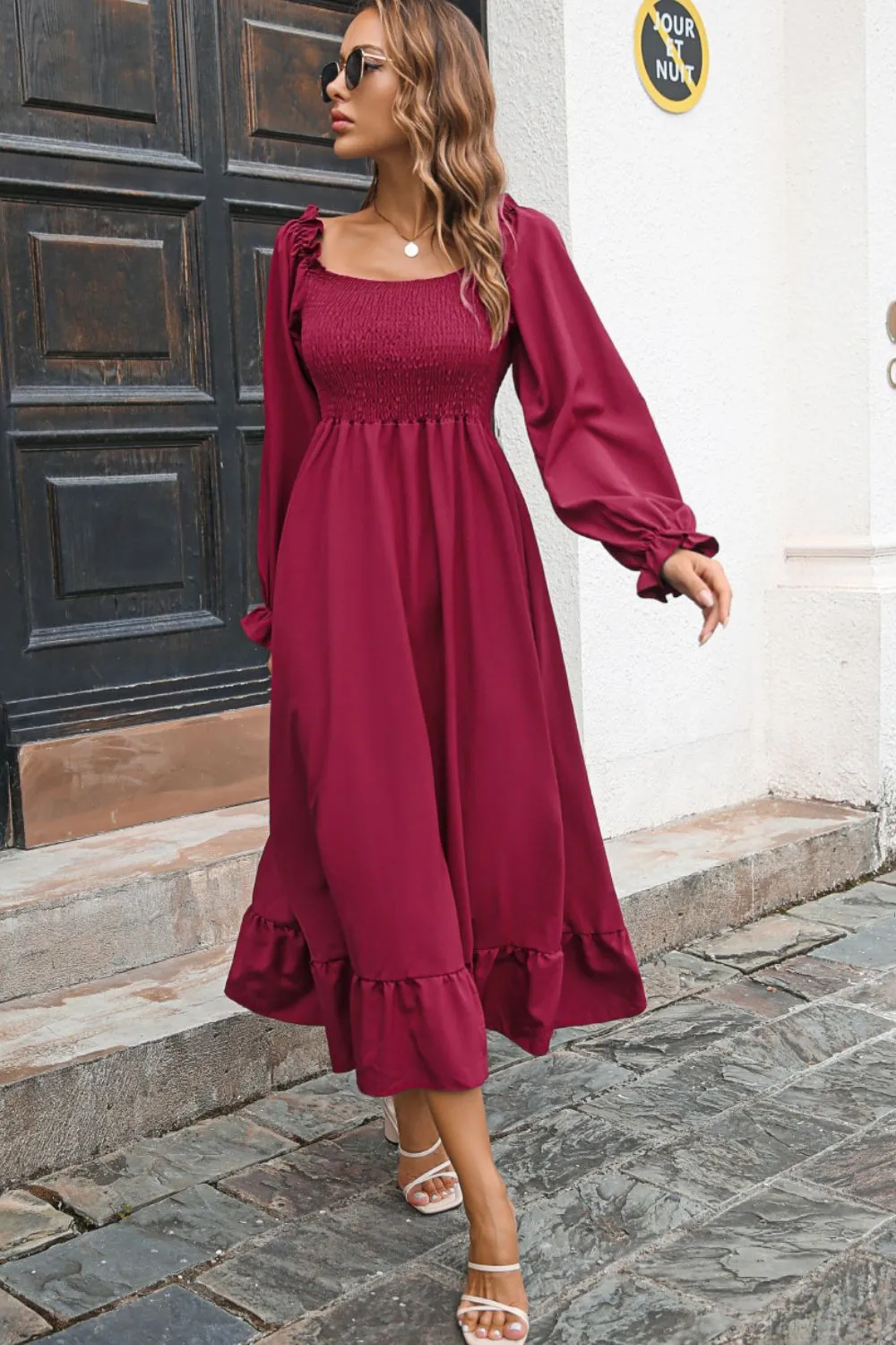 Bohemian Smocked Ruffle Hem Dress