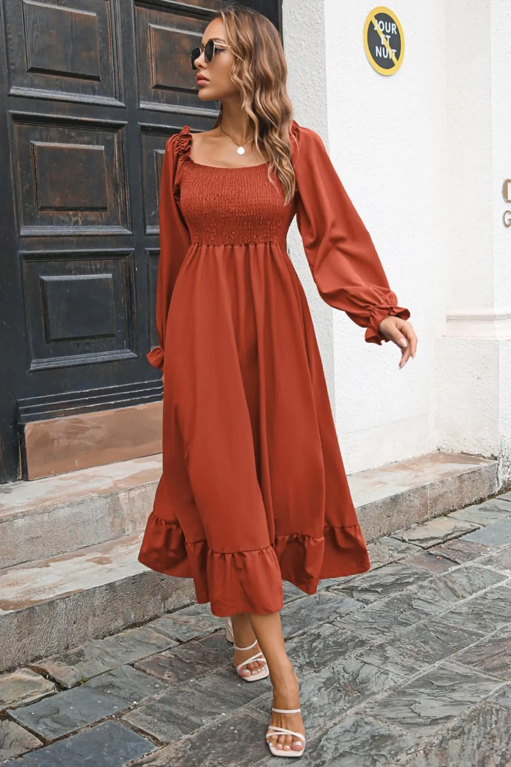 Bohemian Smocked Ruffle Hem Dress