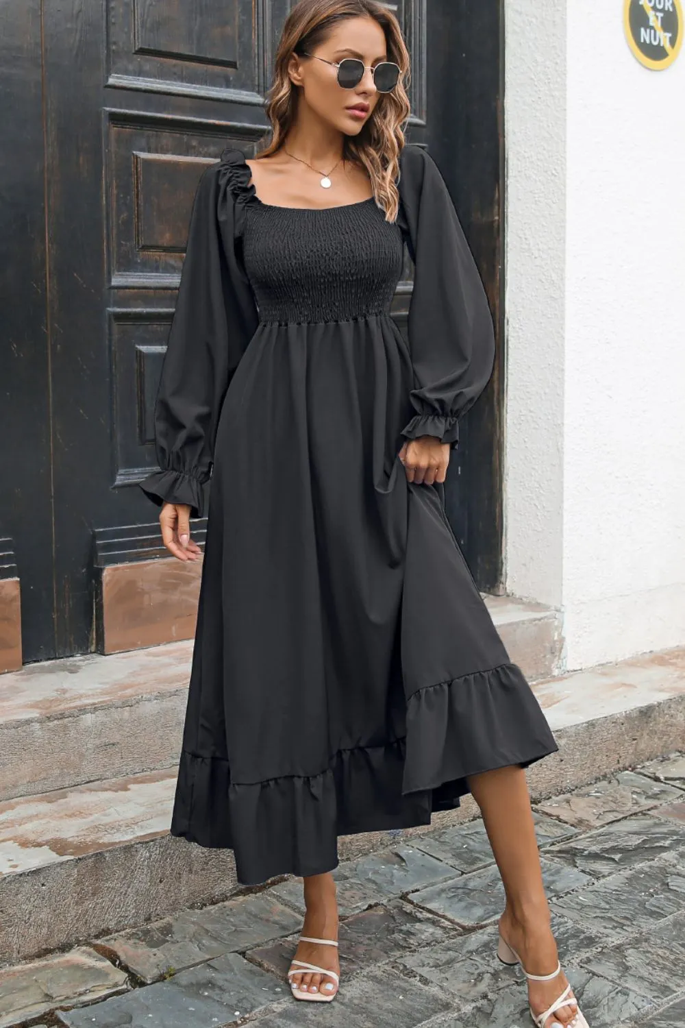 Bohemian Smocked Ruffle Hem Dress