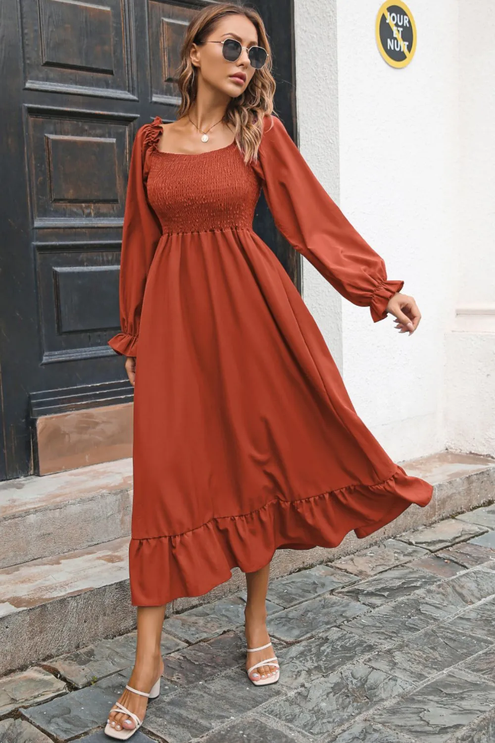 Bohemian Smocked Ruffle Hem Dress