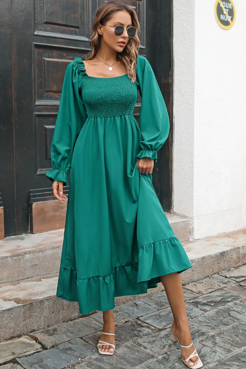 Bohemian Smocked Ruffle Hem Dress