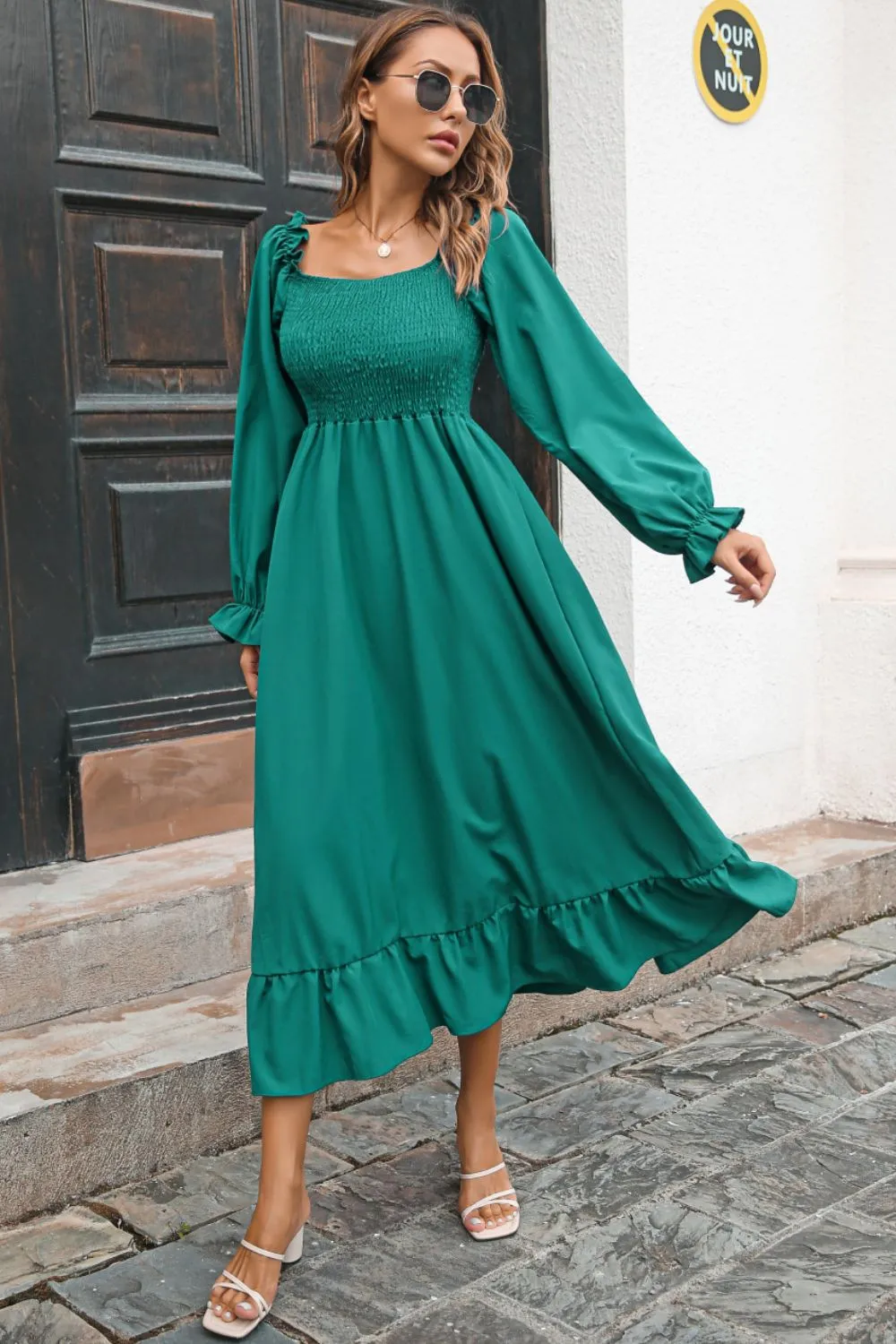 Bohemian Smocked Ruffle Hem Dress