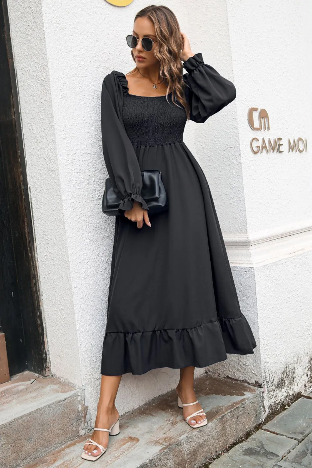 Bohemian Smocked Ruffle Hem Dress