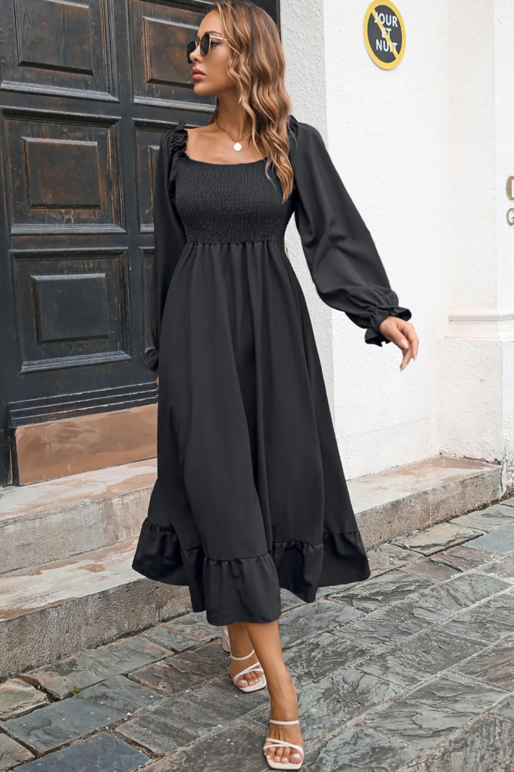 Bohemian Smocked Ruffle Hem Dress