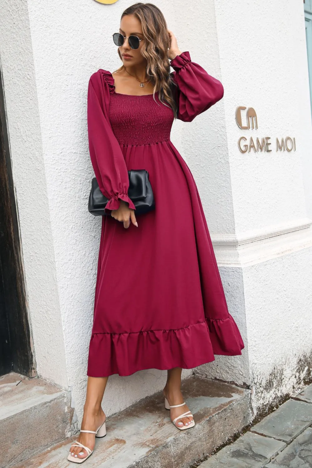 Bohemian Smocked Ruffle Hem Dress