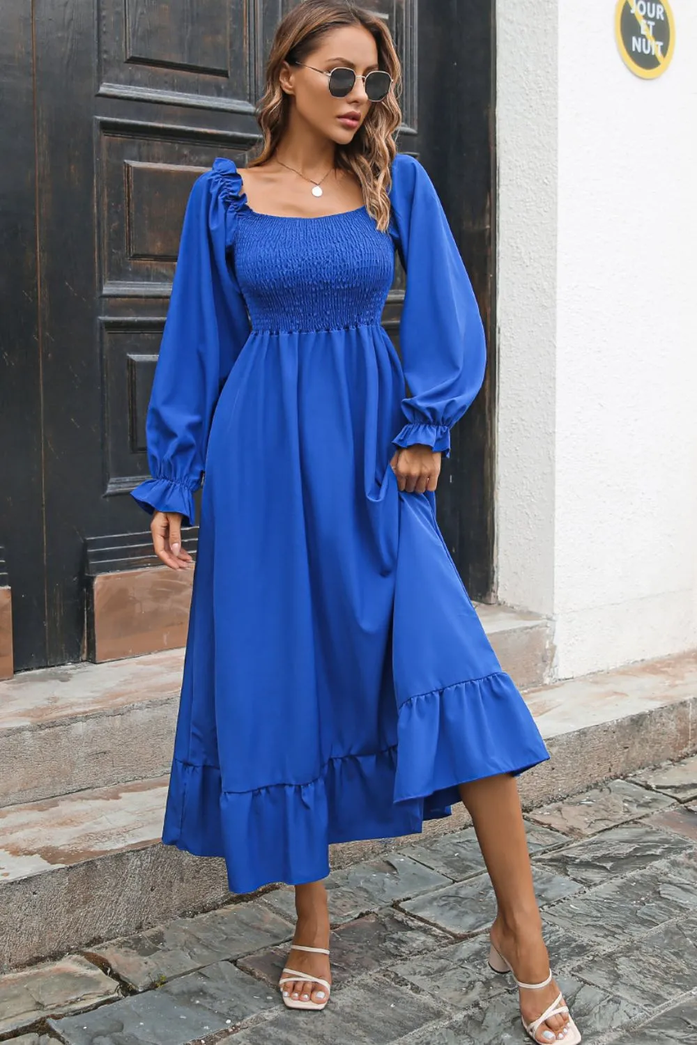 Bohemian Smocked Ruffle Hem Dress