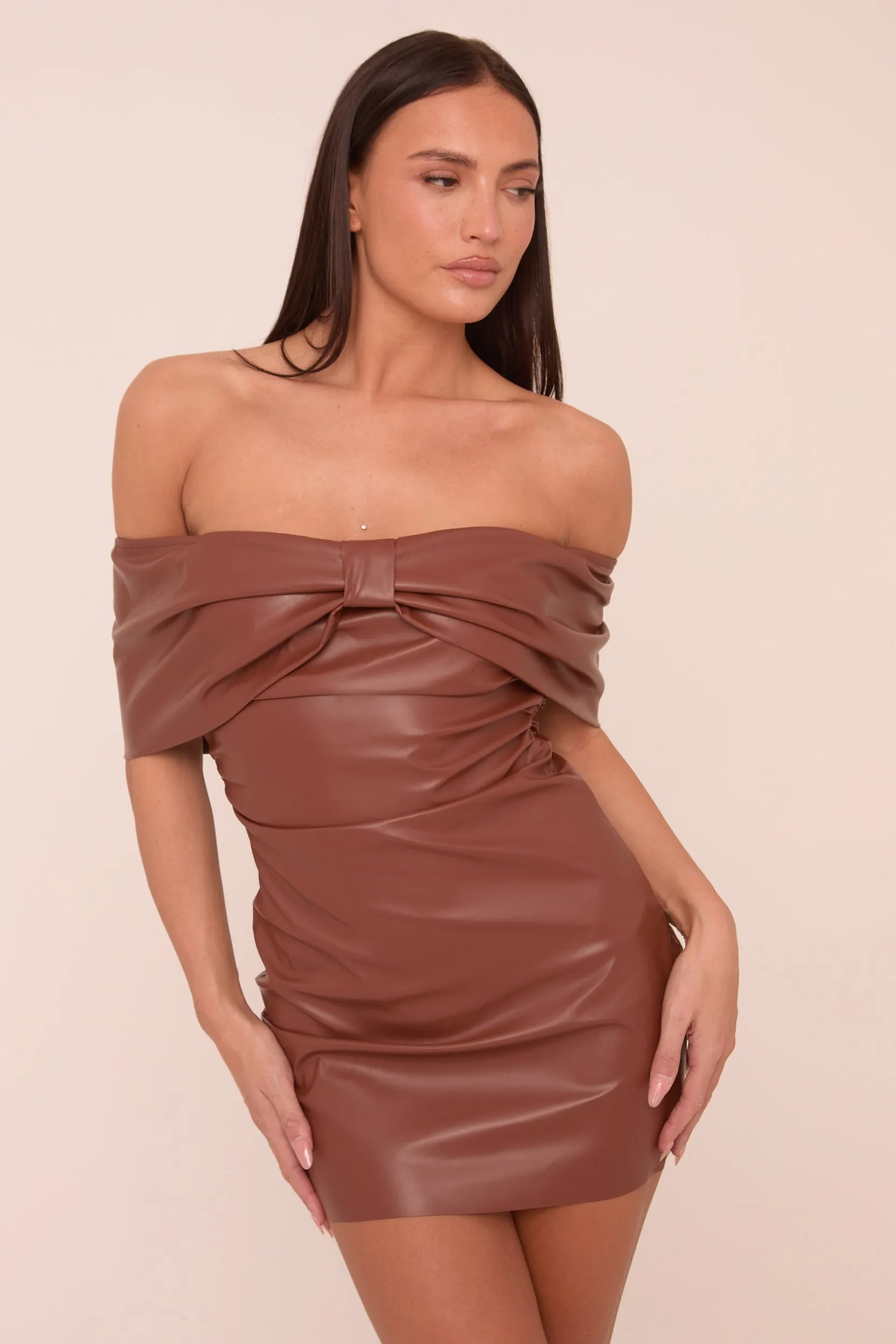 Brown Faux Leather Bardot Bow Detail Mini Dress - Harmony