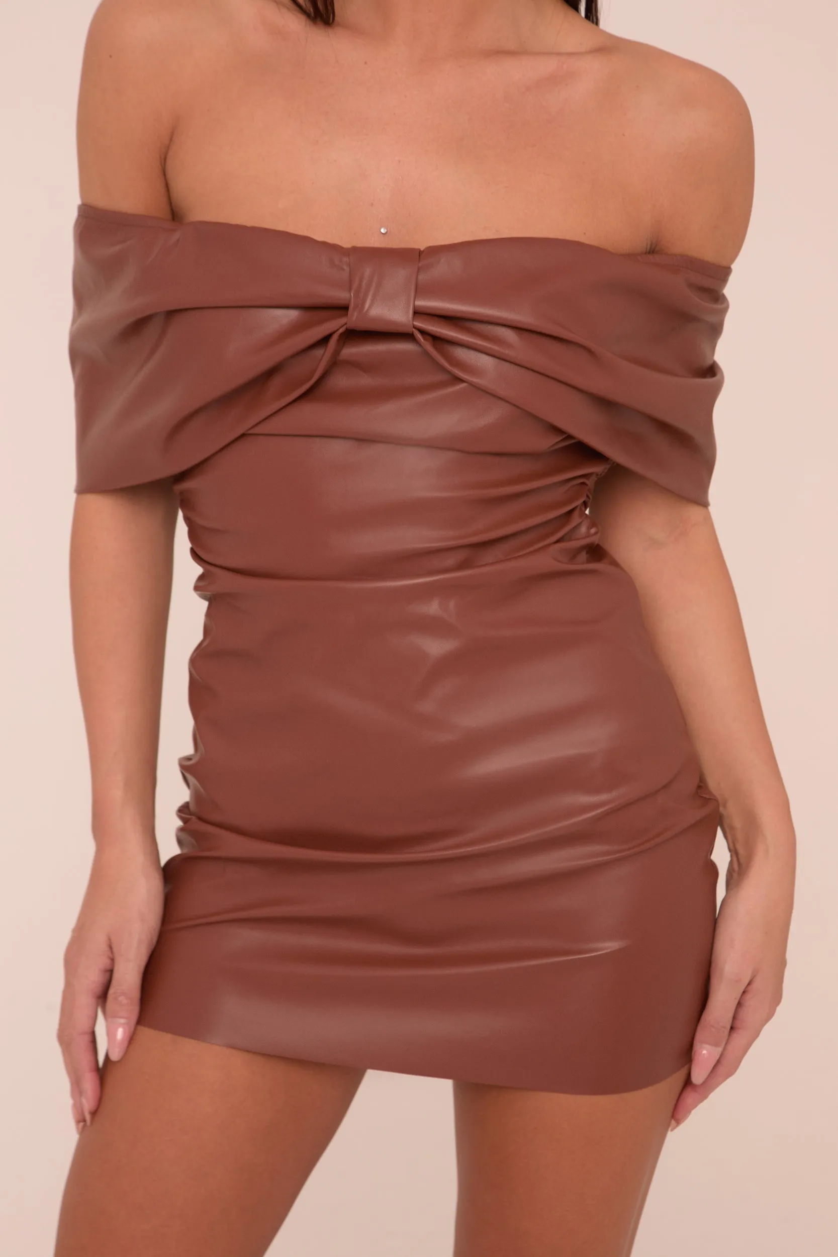 Brown Faux Leather Bardot Bow Detail Mini Dress - Harmony