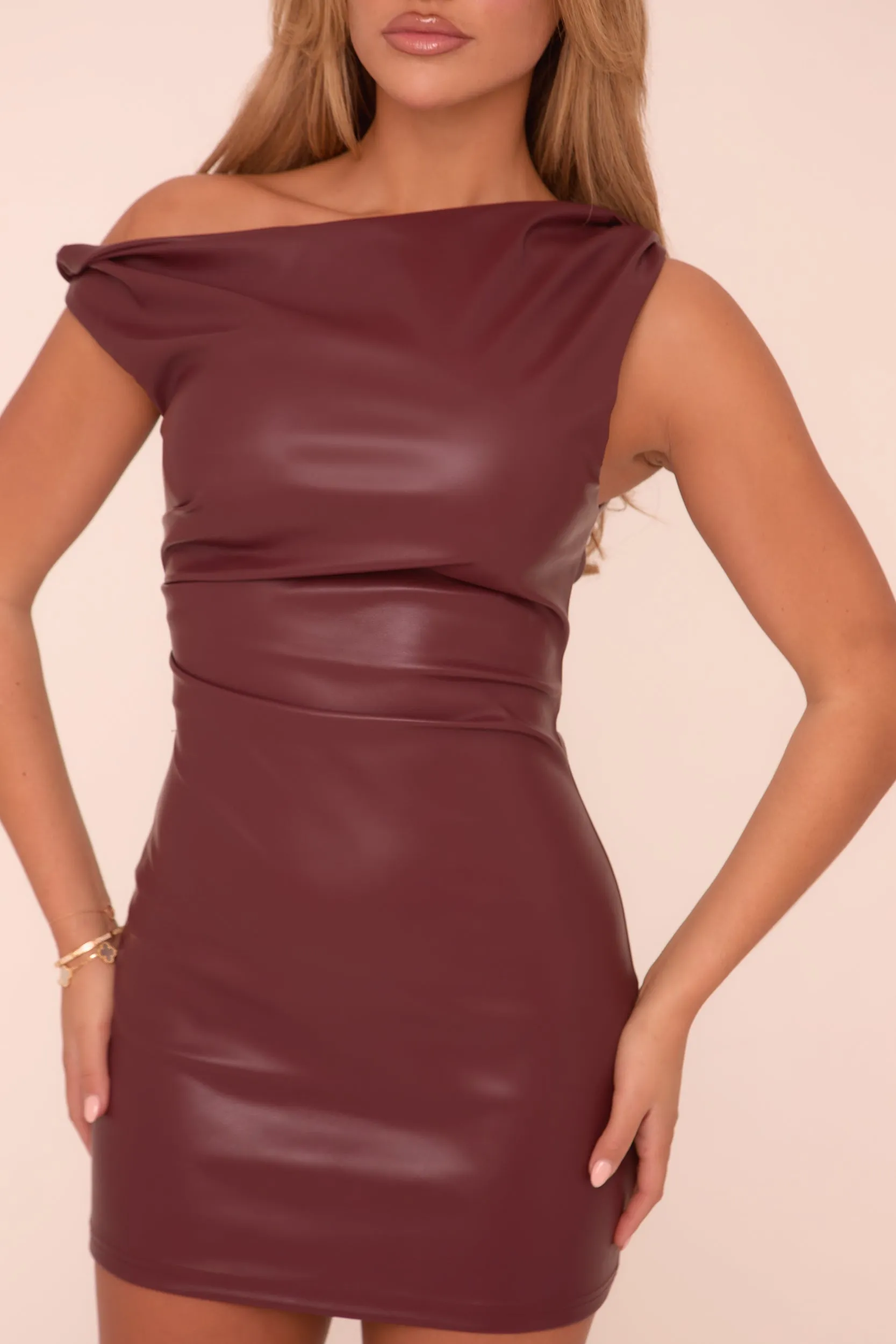 Burgundy Faux Leather One Shoulder Mini Dress - Kezia