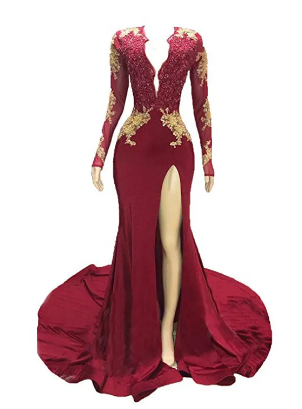 Burgundy Mermaid Deep V-neck Long Sleeve Backless Prom Dress