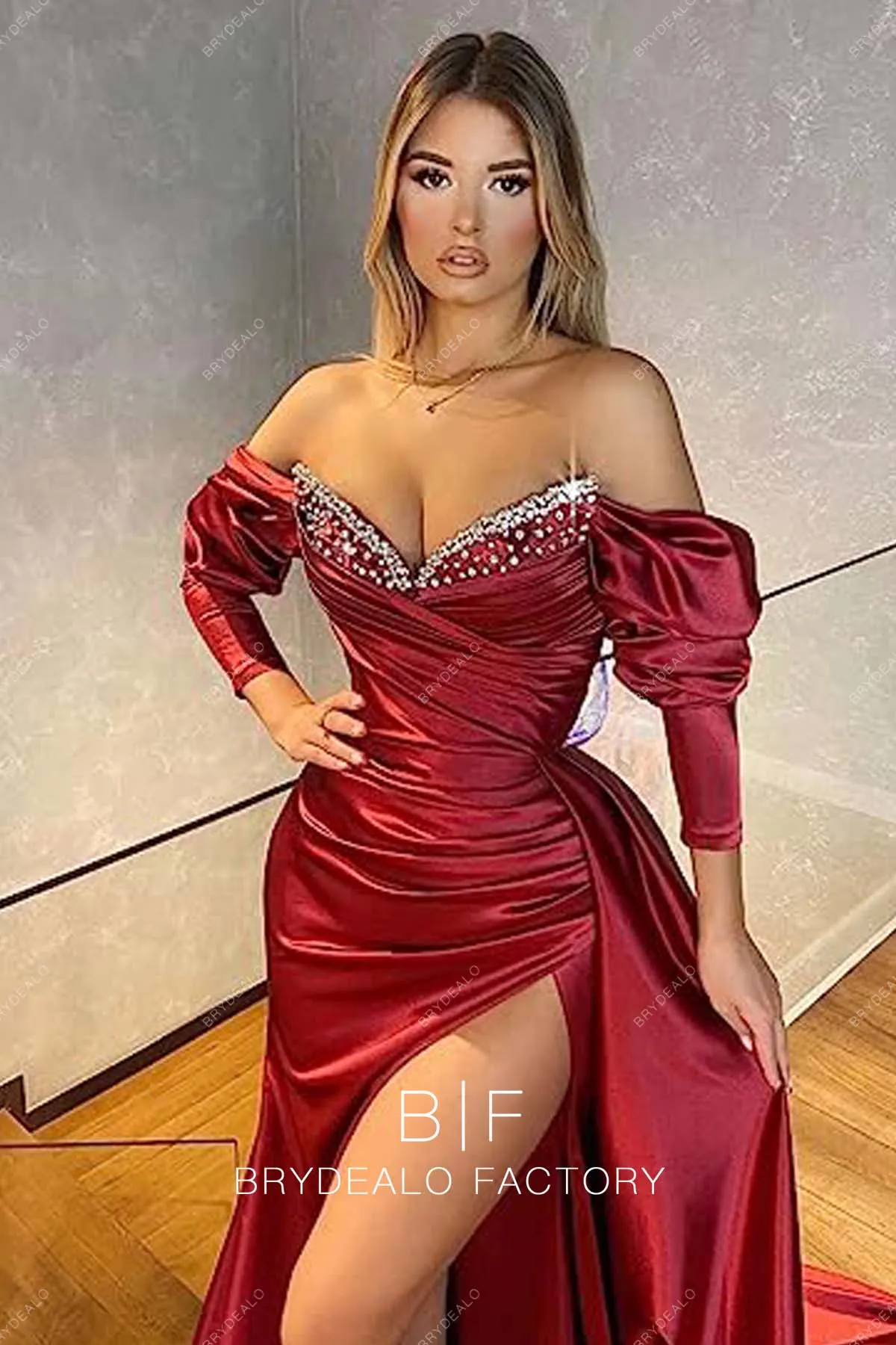 Burgundy Satin 3/4 Sleeves Off Shoulder Slit Prom Dress